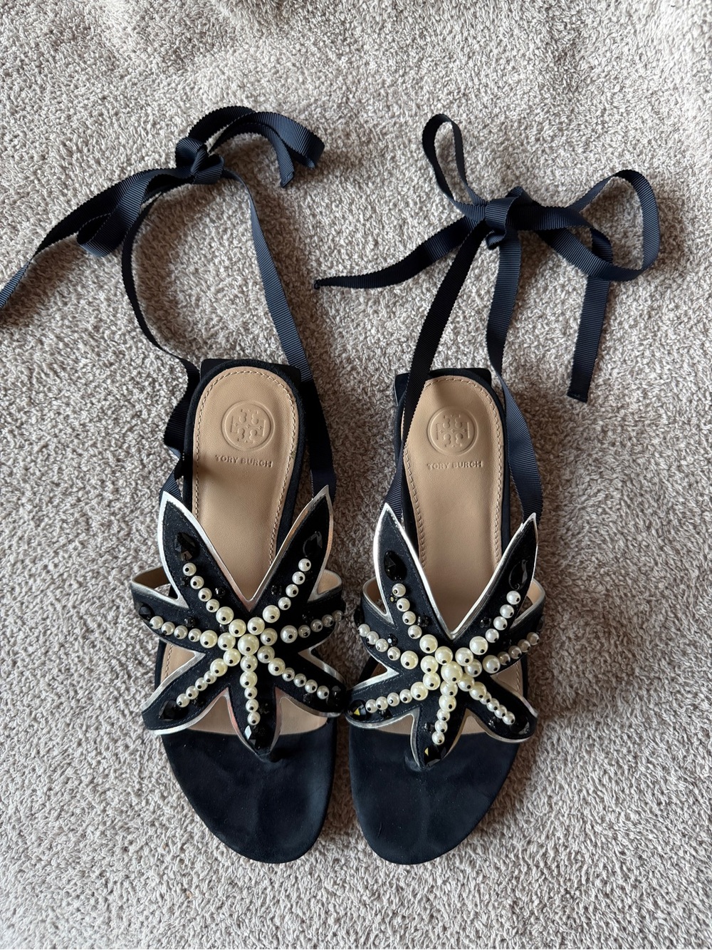 Tory Burch Navy Blue Pearl-Embellished Starburst Lace-Up Sandals - Size 8